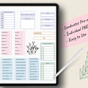 May include: A digital planner template on a tablet screen with a stylus. The planner has sections for a cleaning schedule, daily chores, a cleaning checklist, and a to-do list. The template is decorated with a floral illustration and has a light blue, pink, and green color scheme.
