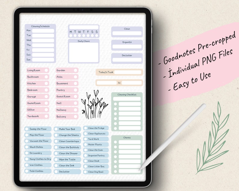 May include: A digital planner template on a tablet screen with a stylus. The planner has sections for a cleaning schedule, daily chores, a cleaning checklist, and a to-do list. The template is decorated with a floral illustration and has a light blue, pink, and green color scheme.
