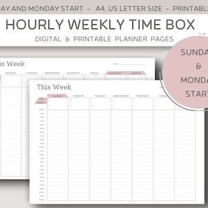 Może przedstawiać: Drukowane strony planera tygodniowego z godzinowymi przedziałami czasowymi. Planer jest przeznaczony na tydzień rozpoczynający się w niedzielę i kończący się w sobotę. Planer zawiera sekcję "Najważniejsze zadania" i miejsce na notatki.