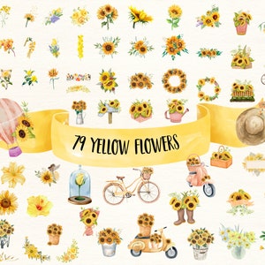Gula blommor PNG, akvarellblomma Clipart, gula blommor buntillustrationer, direktnedladdning, klisterlappar, digitala PNG-klistermärken bild 1