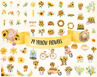 Yellow Flowers PNG, Watercolor Flower Clipart, Yellow Flowers Bundle Illustrations, Instant Download, Sticky Notes, Digital Png Stickers