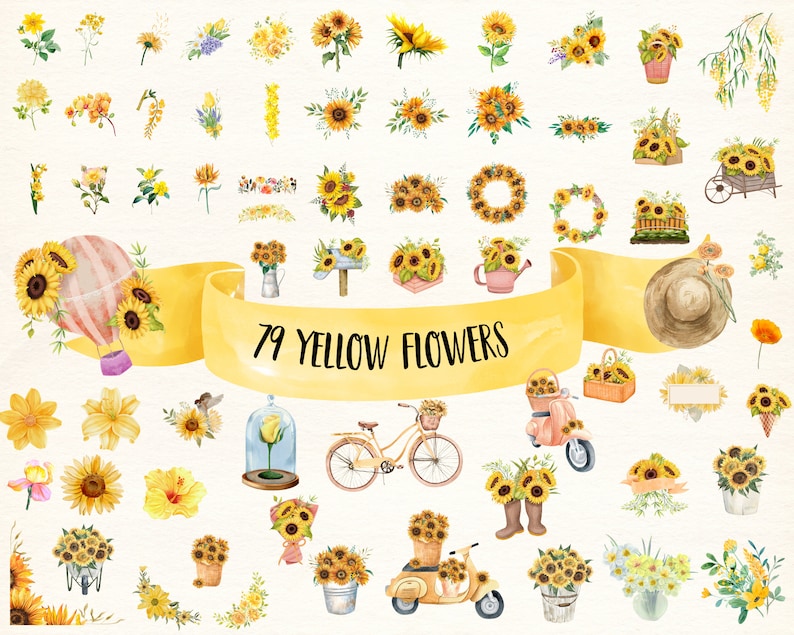 Gula blommor PNG, akvarellblomma Clipart, gula blommor buntillustrationer, direktnedladdning, klisterlappar, digitala PNG-klistermärken bild 1