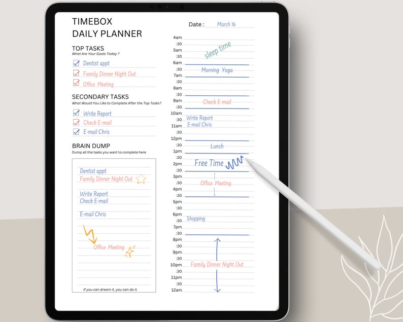 May include: A daily planner with a blue and white striped design. The planner has a section for "Top Tasks" and "Secondary Tasks" with checkboxes. The planner also has a section for "Brain Dump" where you can list all the tasks you want to complete. The planner is dated March 16.
