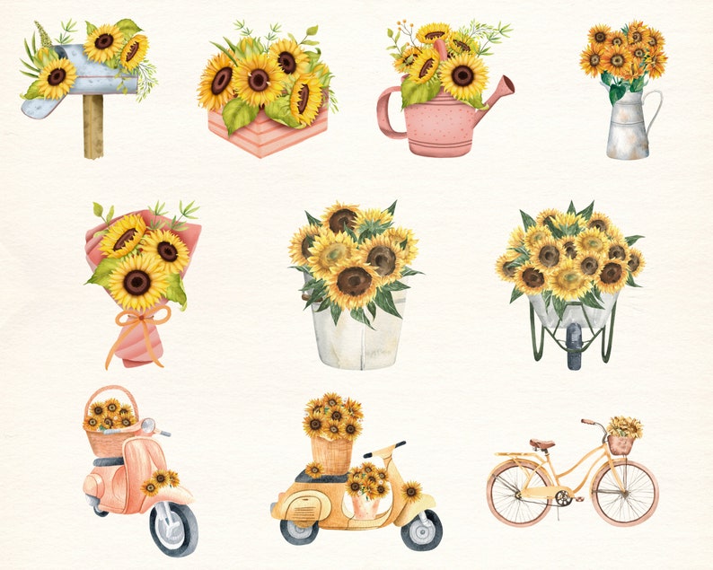 Gula blommor PNG, akvarellblomma Clipart, gula blommor buntillustrationer, direktnedladdning, klisterlappar, digitala PNG-klistermärken bild 4