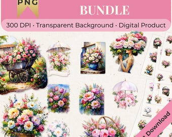 Adesivi digitali floreali ad acquerello - Planner, PNG per scrapbooking, adesivi Goodnotes, clipart di fiori stampabili, download immediato di PDF