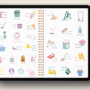 May include: A colorful checklist with illustrations of household chores. The checklist includes tasks like taking out the trash, washing dishes, dusting, vacuuming, sweeping, mopping, cleaning windows, renewing toilet paper, hanging clothes, ironing clothes, folding clothes, mowing the lawn, watering plants, cooking, grocery shopping, cleaning, changing sheets, scrubbing the bathroom, wiping windows, gardening, and hanging clothes to dry.