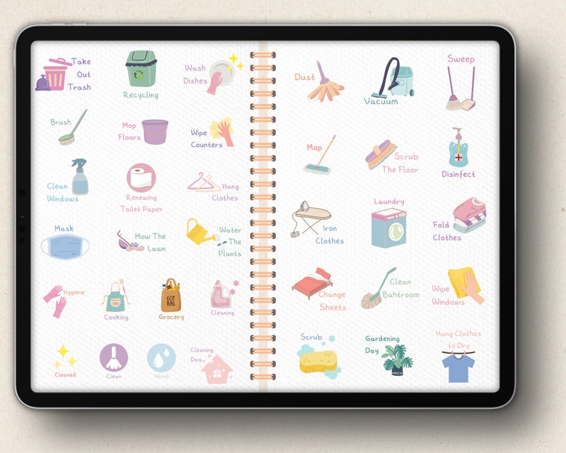 May include: A colorful checklist with illustrations of household chores. The checklist includes tasks like taking out the trash, washing dishes, dusting, vacuuming, sweeping, mopping, cleaning windows, renewing toilet paper, hanging clothes, ironing clothes, folding clothes, mowing the lawn, watering plants, cooking, grocery shopping, cleaning, changing sheets, scrubbing the bathroom, wiping windows, gardening, and hanging clothes to dry.