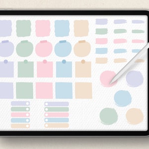 May include: A digital tablet screen displaying a variety of colorful shapes and lines. The shapes include circles, squares, rectangles, and rounded rectangles. The lines are in various shades of green, blue, pink, and beige. The shapes and lines are arranged in a grid pattern on the screen. A white stylus is lying on the screen.