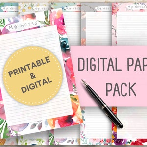 Papel digital pastel romántico FLORAL, multicolor, forrado con reglas universitarias, plantillas de planificador digital, A4 y carta, Goodnotes, Notabilidad