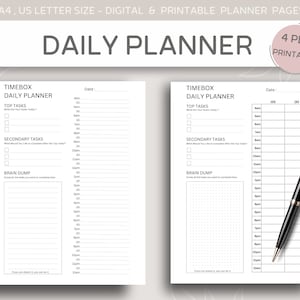 Op de afbeelding: Een zwart-witte printbare dagelijkse planner met secties voor "Toptaken", "Secundaire taken" en "Brainstorm". De planner heeft een tijd blokschema van 4:00 uur 's ochtends tot 12:00 uur 's nachts.