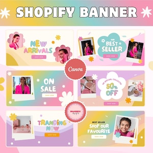 May include: A Shopify banner design with pastel colors and floral accents. The banner includes text such as "New Arrivals", "On Sale", "Best Seller", and "Trending Now". Each banner features images of products and people.