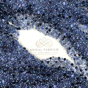 Navy Blue Heavy Bead Double Sequined Embroidered Tulle Lace By The Yard, Lace Fabric with Dark Blue Beads and Sequins on Navy Blue Tulle