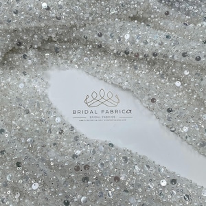 Silver Heavy Bead Fabric By The Yard, Double Sequin Embroidered Lace, 54&quot; Width Lace with Silver Bead and Sequin on Ivory Tulle