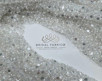 Silver Heavy Bead Fabric By The Yard, Double Sequin Embroidered Lace, 54" Width Lace with Silver Bead and Sequin on Ivory Tulle