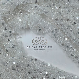 White Heavy Bead Fabric By The Yard, Double Sequin Embroidered Lace for Dress Making, 54" Width Lace with White Beads and Sequins on Tulle