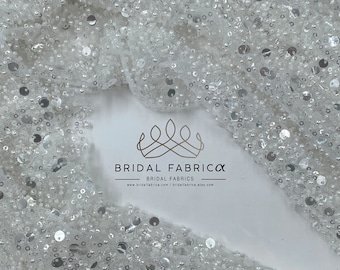 White Heavy Bead Fabric By The Yard, Double Sequin Embroidered Lace for Dress Making, 54" Width Lace with White Beads and Sequins on Tulle