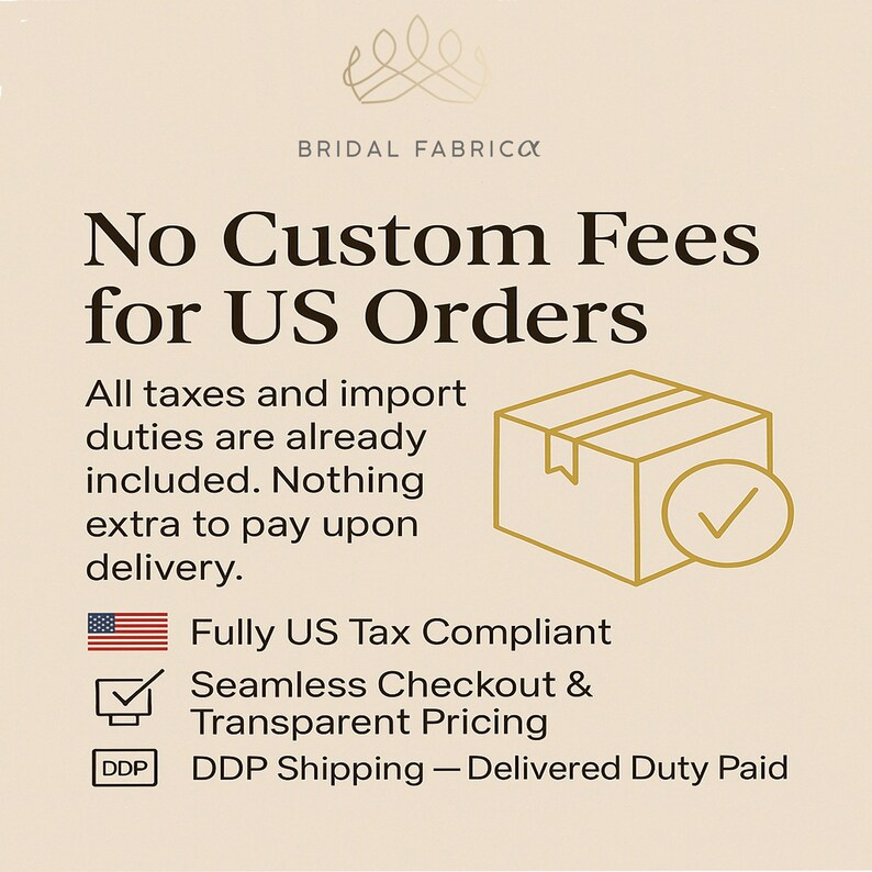 Elegant beige and gold banner announcing that all US orders from Bridal Fabrica include taxes and duties, with transparent pricing, smooth checkout, and free DDP shipping over $35.