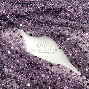 Purple Heavy Bead Fabric, Double Sequined Embroidered Tulle Fabric By The Yard, Lace Fabric with Purple Beads and Sequins on Purple Mesh