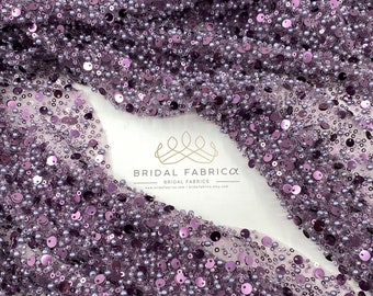 Purple Heavy Bead Fabric, Double Sequined Embroidered Tulle Fabric By The Yard, Lace Fabric with Purple Beads and Sequins on Purple Mesh