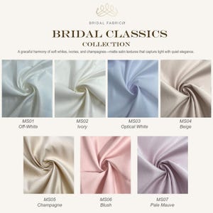 A refined collection of matte satin fabrics in timeless bridal shades: off-white, ivory, optical white, beige, champagne, blush, and pale mauve. These soft, neutral tones are perfect for wedding dresses, veils, and elegant bridal accessories. Capturing quiet elegance with each fold, ideal for minimalist and classic wedding aesthetics.