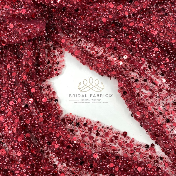 Burgundy Heavy Bead Fabric By The Yard, Double Sequin Mesh Fabric, Tulle Lace with Claret Red Beads and Sequins on Claret Red Tulle