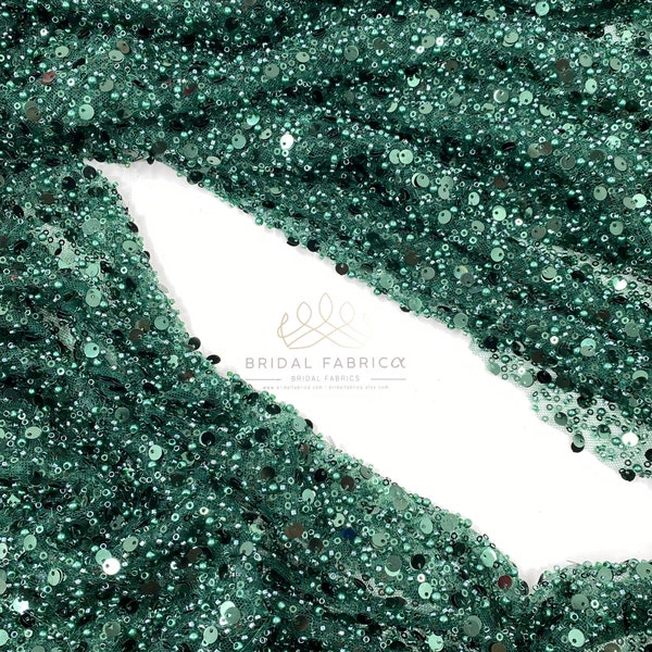 Emerald Green Heavy Bead Fabric By The Yard, Green Double Sequin Embroidered Tulle Fabric, Lace with Green Beads and Sequins on Green Mesh