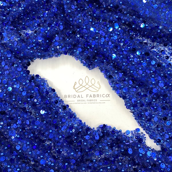 Royal Blue Heavy Bead Fabric By The Yard, Blue Double Sequin Embroidered Tulle, Lace Fabric with Royal Blue Beads and Sequins on Blue Tulle