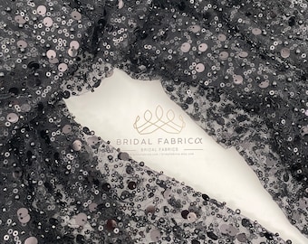 Black Heavy Bead Fabric By The Yard, Double Sequin Embroidered Tulle Fabric, Lace Fabric with Black Beads and Sequins on Tulle