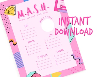 May include: A pink printable M.A.S.H. game with a retro 80s design. The game includes categories for car, spouse, city, career, and number of kids. The game is designed to be printed and played.