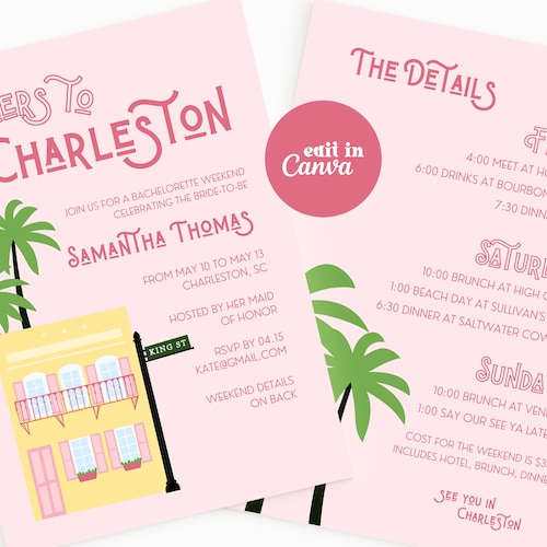 Charleston Bachelorette Itinerary Template Rainbow Row - Etsy