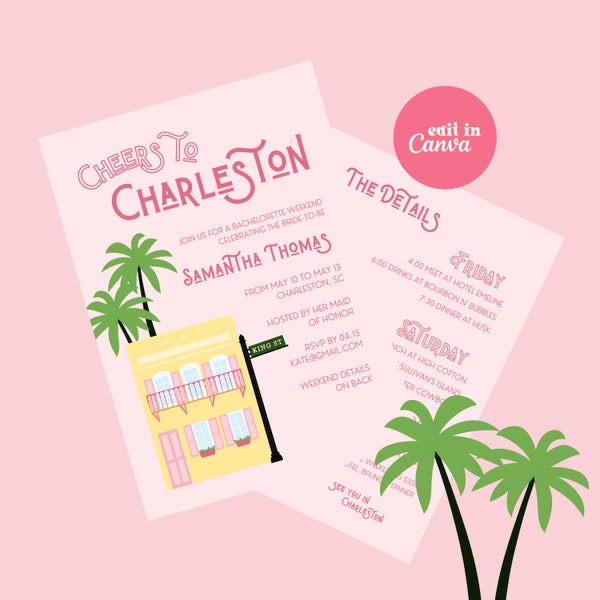 Charleston Bachelorette Invitation, Editable Charleston Bach Weekend Invite, Charleston Bachelorette Invite and Itinerary, Rainbow Row Bach