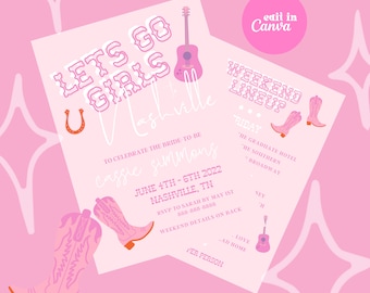 Bachelorette Invitation, Nashville Bachelorette Invitation, Lets Go Girls Bachelorette Invite and Itinerary, Nashville Bach Invite, Cowgirl