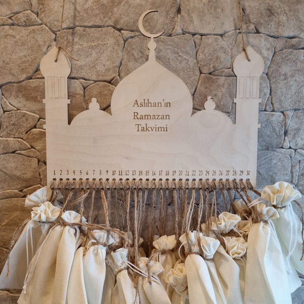 Calendario Ramadan personalizzato in legno con testo desiderato e sacchetti di iuta come regalo per Ramadan Eid Mubarak