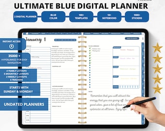 Blauer Digitaler Planner für Goodnotes & Notability, iPad Digitaler Planer mit täglichen, wöchentlichen und monatlichen Seiten, Day Life Planner