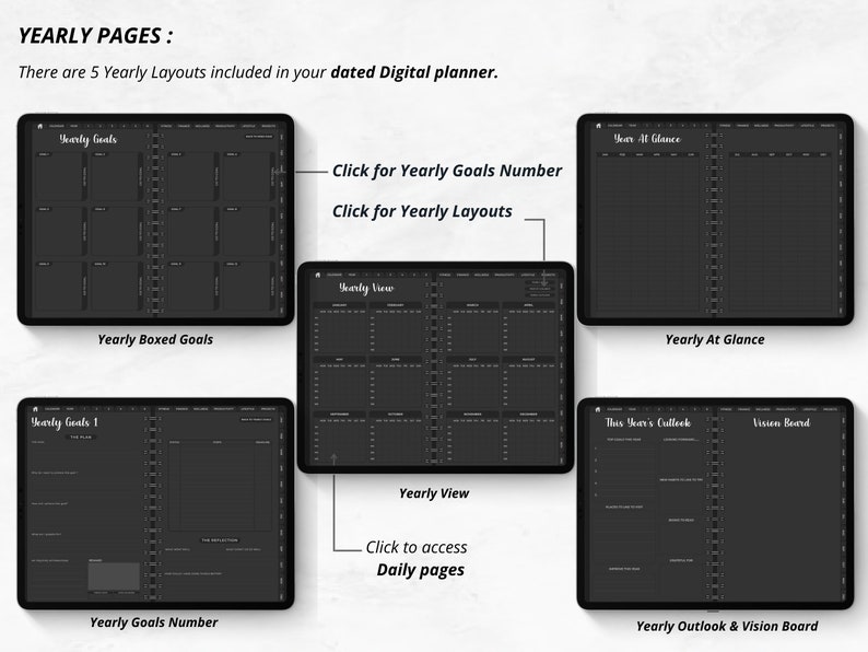 Dark Mode Black Dated 2024 Digital Planner All-in-one Daily Weekly ...
