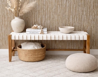 Woven Leather Bench Seat – Handmade Boho  – Minimal Entryway   – Artisan Leather Furniture –