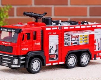 Alloy Fire Engine Rescue Truck Toy, Pull-Back Action, Ladder, Sprinkler Feature