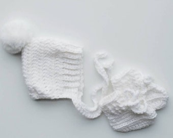 White Baby Bonnet and Booties, Neutral Baby Gift, Hand Knit Baby Shower