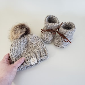 Hat and Booties Set, Baby Shower Gifts, Neutral colors, Knit by Hand