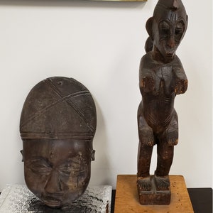 Post WWII Hand-Carved Wooden African Sculpture & Mask