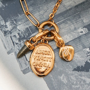 Amor Vincit Omnia Medallion - Love Conquers All Pendant - Recycled Sterling Silver with 18kt Gold Vermeil Plating