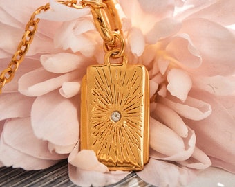 Starburst Pendant - Enlightenment Tag Medallion - Recycled Sterling Silver with 18kt Gold Vermeil Plating and White Topaz