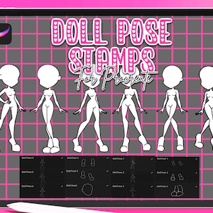 Peut inclure: Une illustration numérique de cinq poses de poupées pour Procreate. Les poses sont dessinées en noir et se trouvent sur un fond de grille rose et gris. Le texte "Doll Pose Stamps for Procreate" est en haut de l'image.