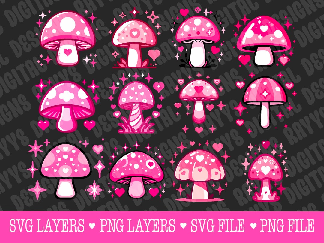 12, Mushroom Svg Bundle, Mushroom Png Bundle, Cute Mushroom Svg, Pink