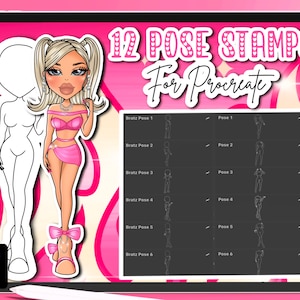 May include: A set of 12 digital pose stamps for Procreate featuring a Bratz doll in various poses. The stamps are in black and white and are designed to be used for drawing and illustration.