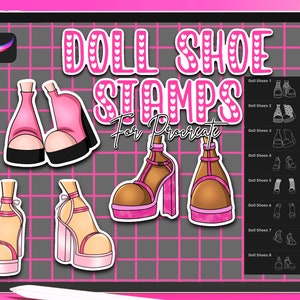 May include: A set of eight digital stamps featuring pink doll shoes with different designs. The stamps are labeled "Doll Shoes 1" through "Doll Shoes 8" and are designed for use with the Procreate app.