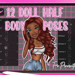 Op de afbeelding: Digitale kunstillustratie op een tabletscherm. De afbeelding toont een cartoon van een vrouw met bruin haar en blauwe ogen, die een telefoon vasthoudt. De tekst luidt "12 DOLL HALF BODY POSES For Procreate."