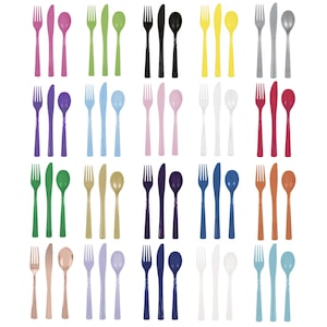 Coloured Plastic Cutlery Sets (18 Pack) Party Forks Cutters Spoons Premium Multi Coloured Party Tableware Pink Purple Red Blue Black Cutlery