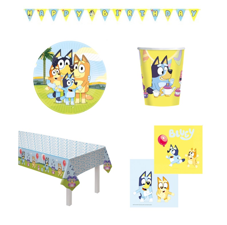 May include: Bluey birthday party supplies featuring a blue and tan dog with a yellow banner that says "Happy Birthday". The set includes a round paper plate, a paper cup, a table cover, and two napkins.