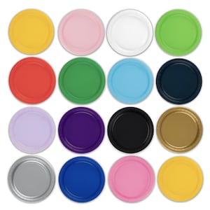 May include: Assortment of 16 paper plates in various colours, including yellow, pink, white, green, red, blue, purple, black, gold, silver, and light blue. The plates are round and have a scalloped edge.
